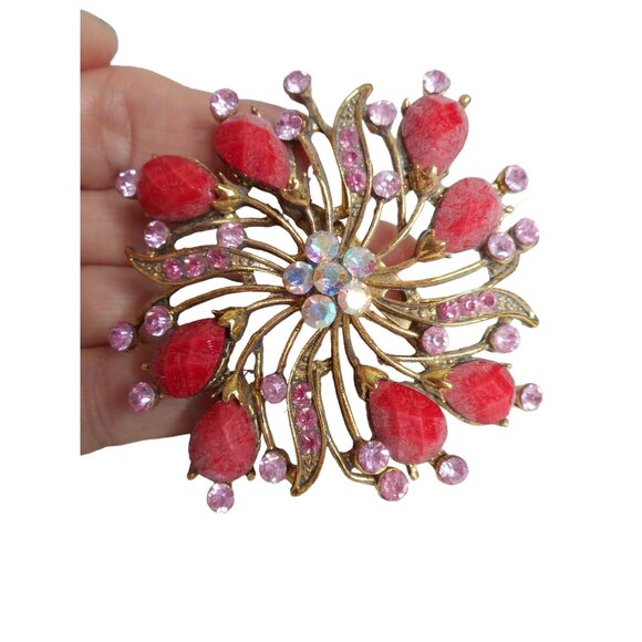 Unknown Jewelry - Gold red pink and aurora stones Brooch Pin Jewelry